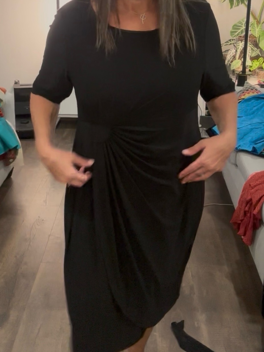 Sadie Black Ruched Draped Midi Dress Short Sleeve Stretch Lined
